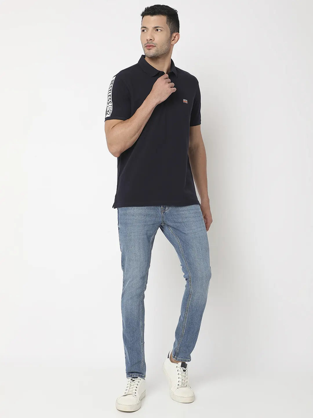 Spykar Men Navy Blue Cotton Regular Fit Plain Polo Tshirt