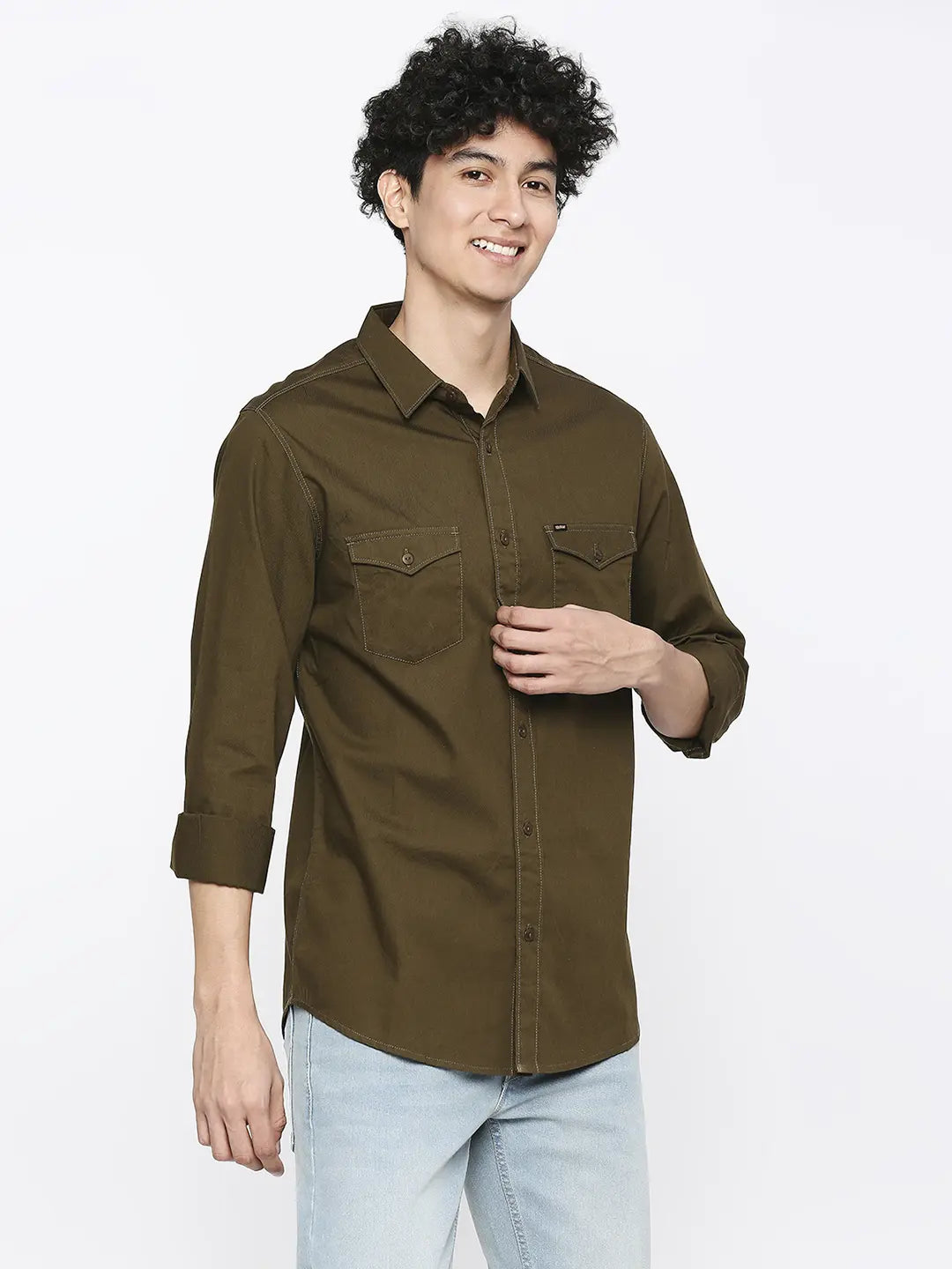 Spykar Men Military Green Cotton Slim Fit Plain Shirt