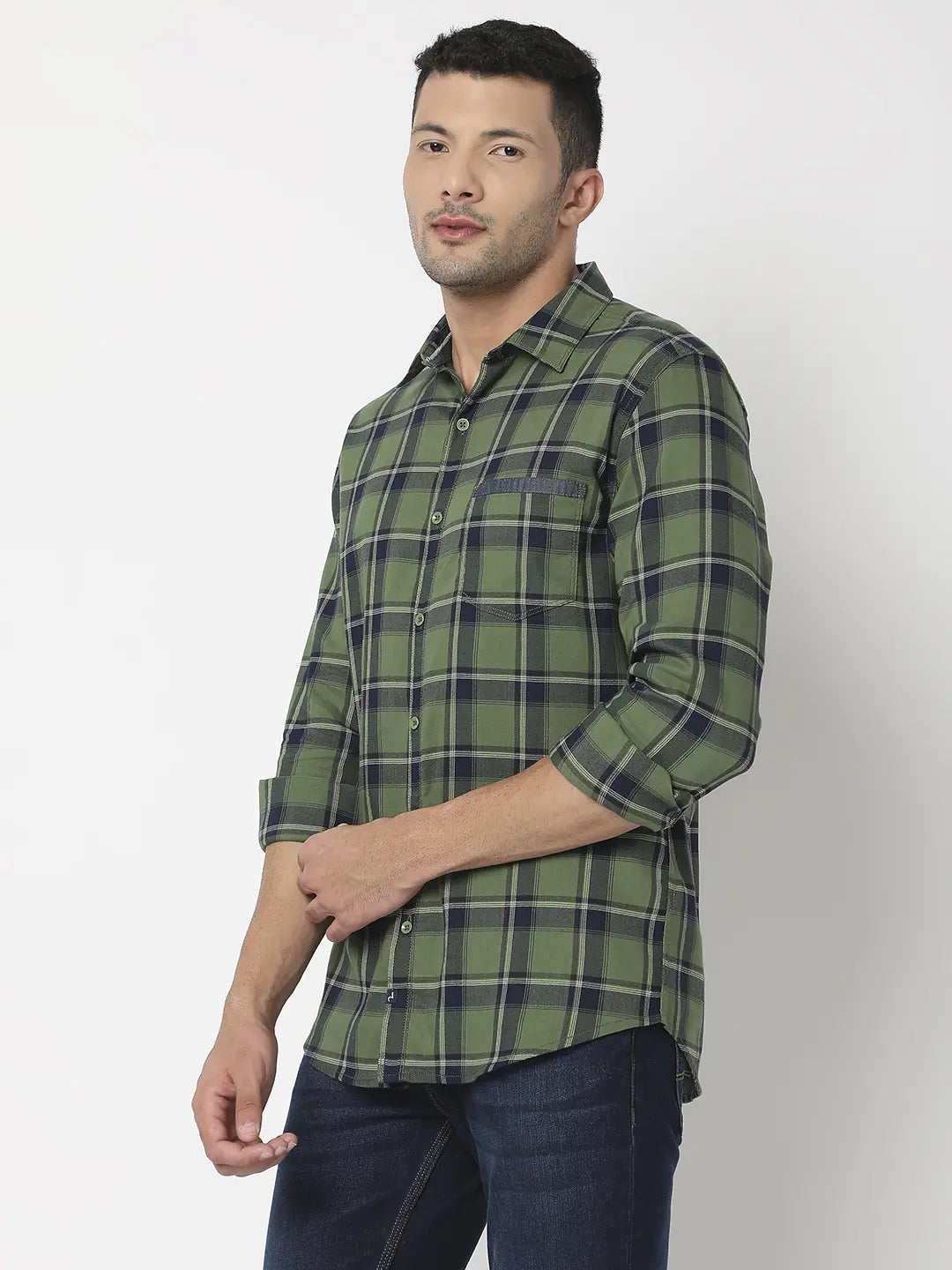 Spykar Men Olive Cotton Slim Fit Checkered Shirt