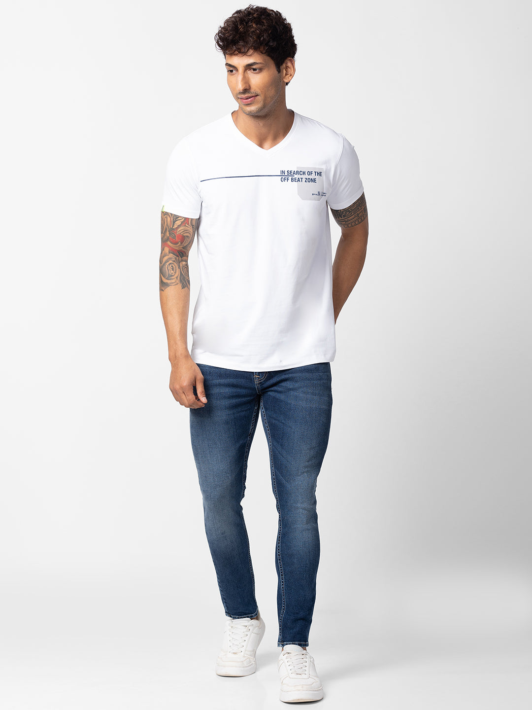 Spykar Men White Cotton Regular Fit Half Sleeve Printed T-Shirt