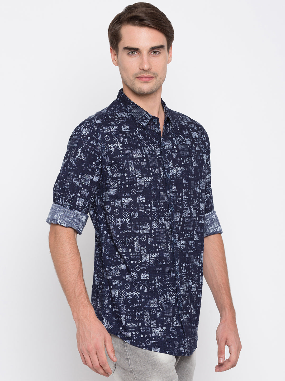 Spykar Men Blue Printed Slim Fit Casual Shirt