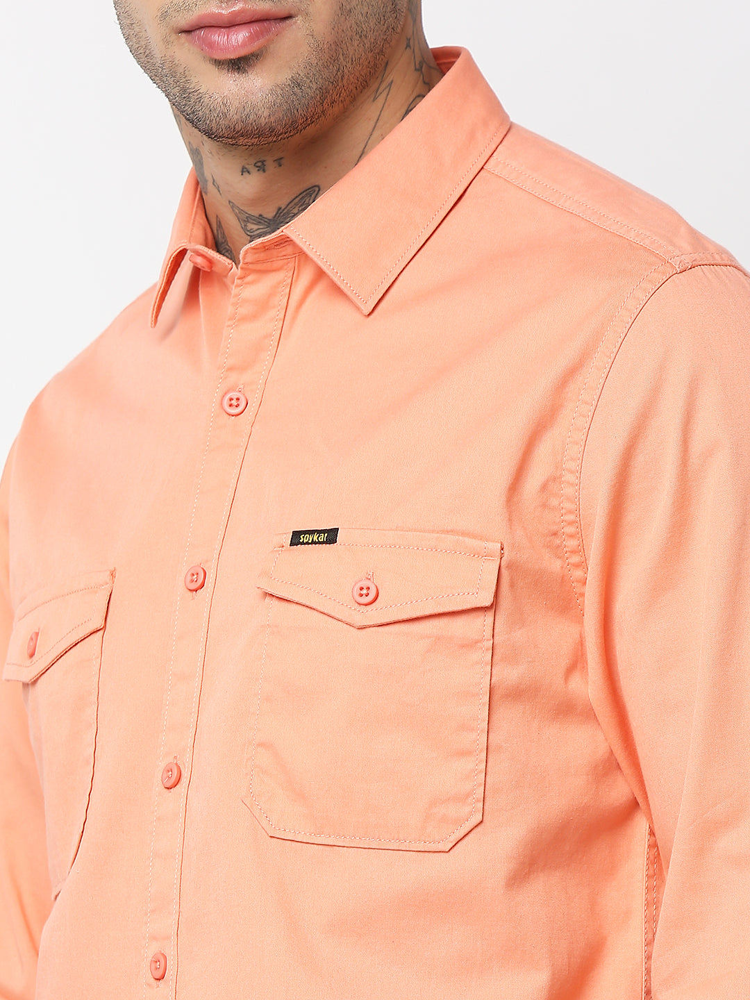 Spykar Men Peach Cotton Slim Fit Plain Shirts