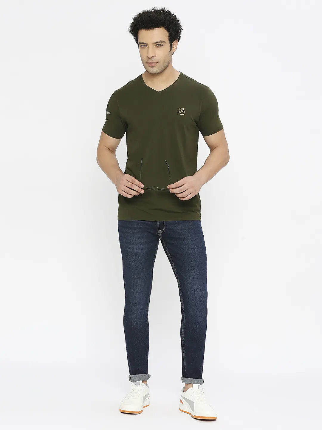 Spykar Men Rifle Green Cotton Regular Fit Half Sleeve Plain V-Neck Tshirt