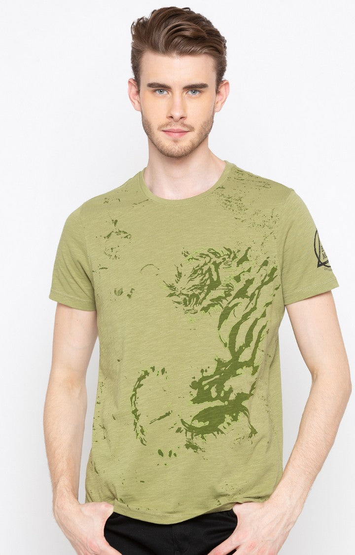 Spykar Light Olive Printed Slim Fit Men T-Shirts