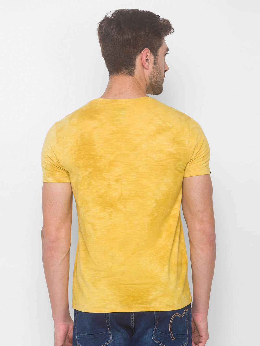 Spykar Men Yellow Cotton Slim Fit Round Neck T-Shirt