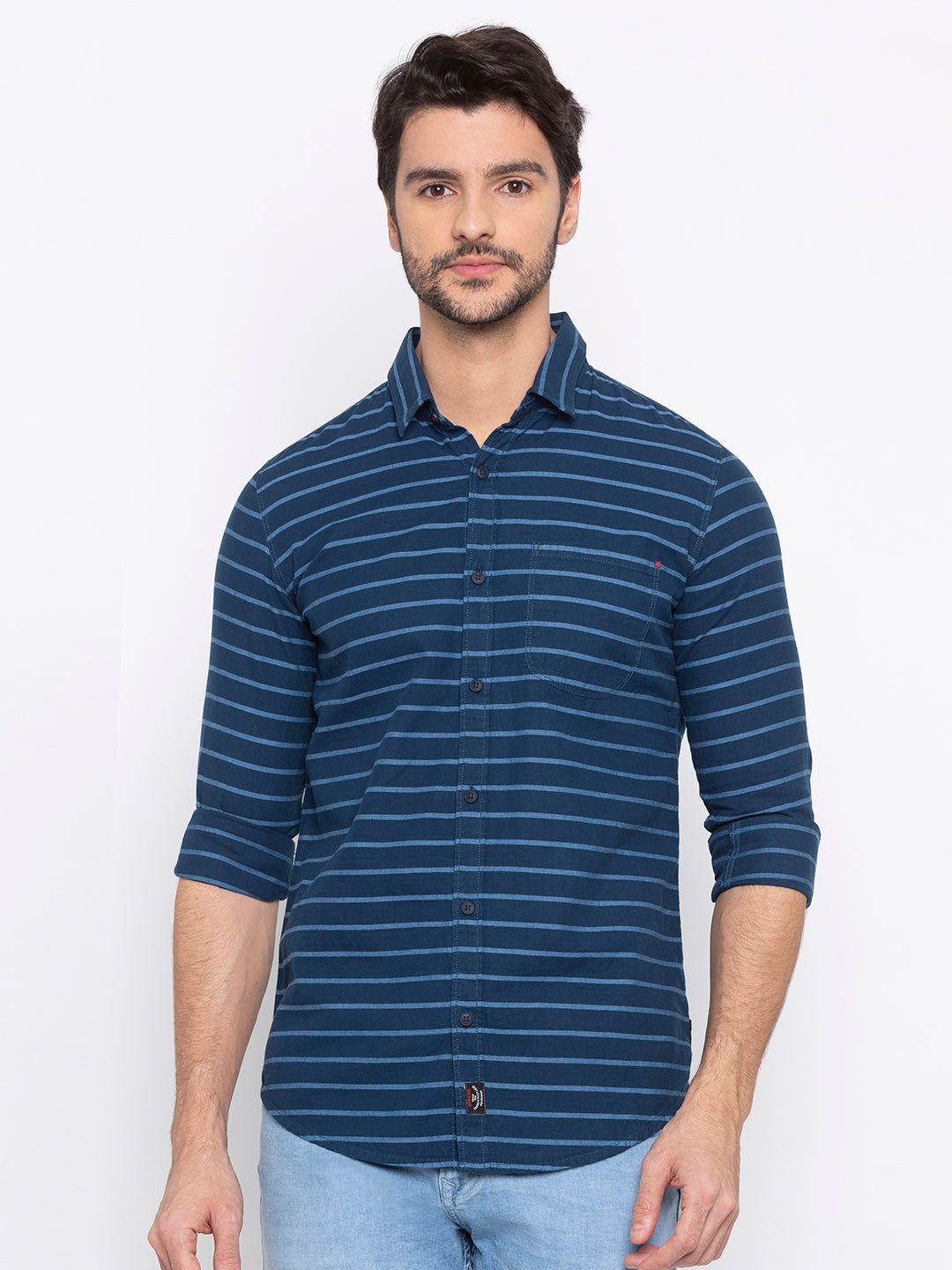 Spykar Men Navy Cotton Slim Fit Shirt