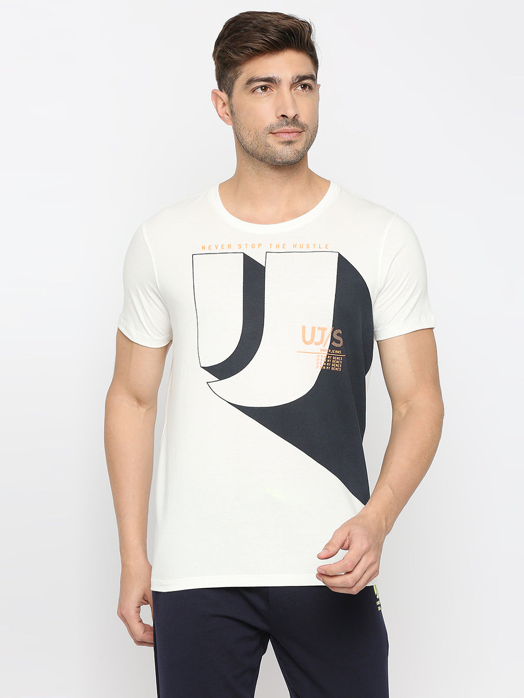 Men Premium Ecru Cotton Round Neck Printed Tshirt- Underjeans By Spykar