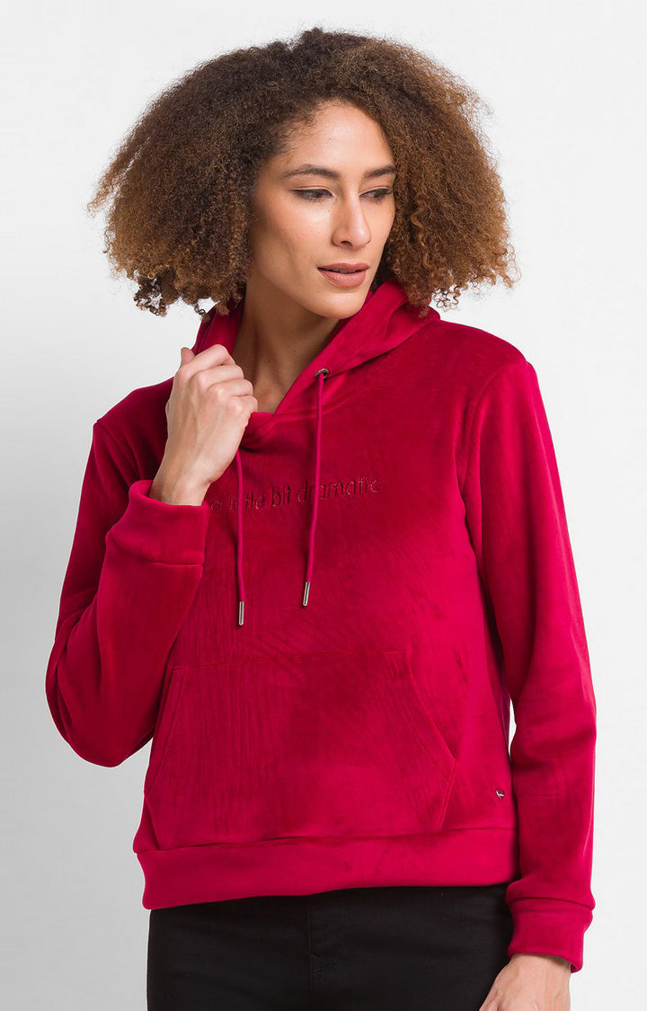 Spykar Wine Cotton Blend Full Sleeve Hooded Sweatshirts For Women