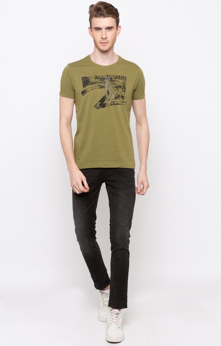 Spykar Olive Printed Slim Fit Men T-Shirts