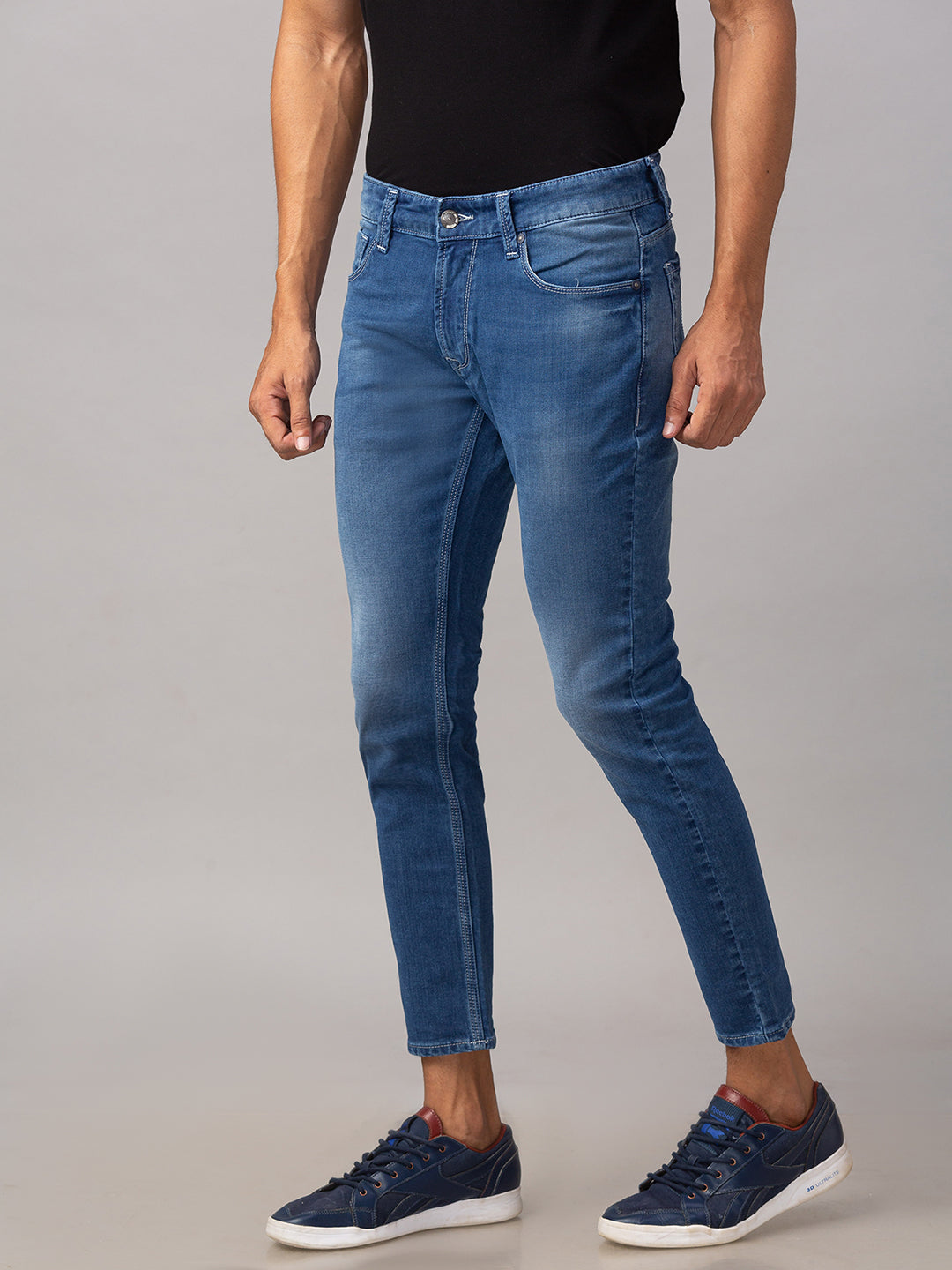 Spykar Men Blue Cotton Mid Rise Slim Fit Tapered Leg Ankle Length Jeans (Kano)