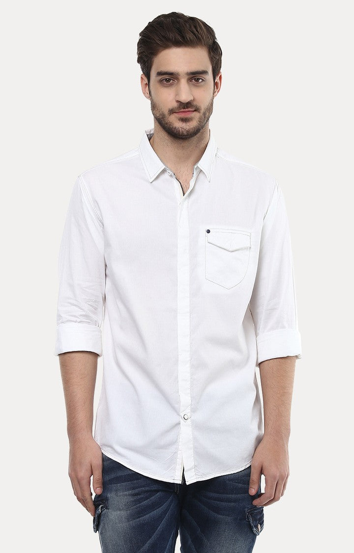 Spykar Men'S White Cotton Solid Casual Shirts