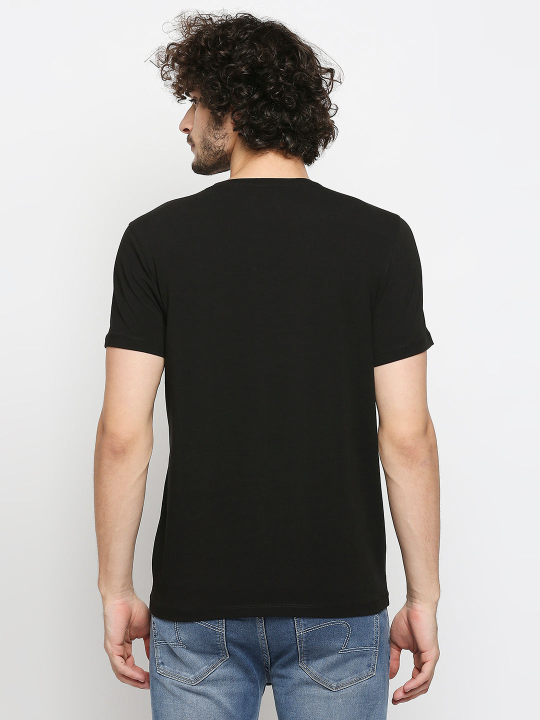 Spykar Men Black Cotton Slim Fit V-Neck T-Shirt