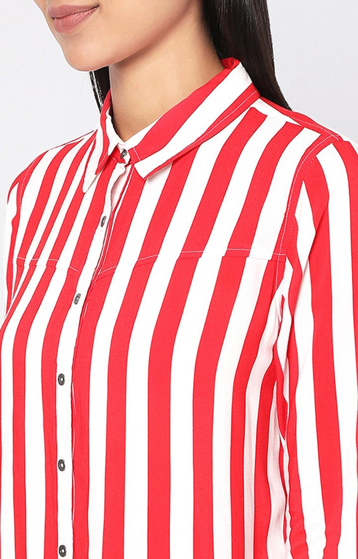 Spykar Red Viscose Striped Full Sleeve Shirts