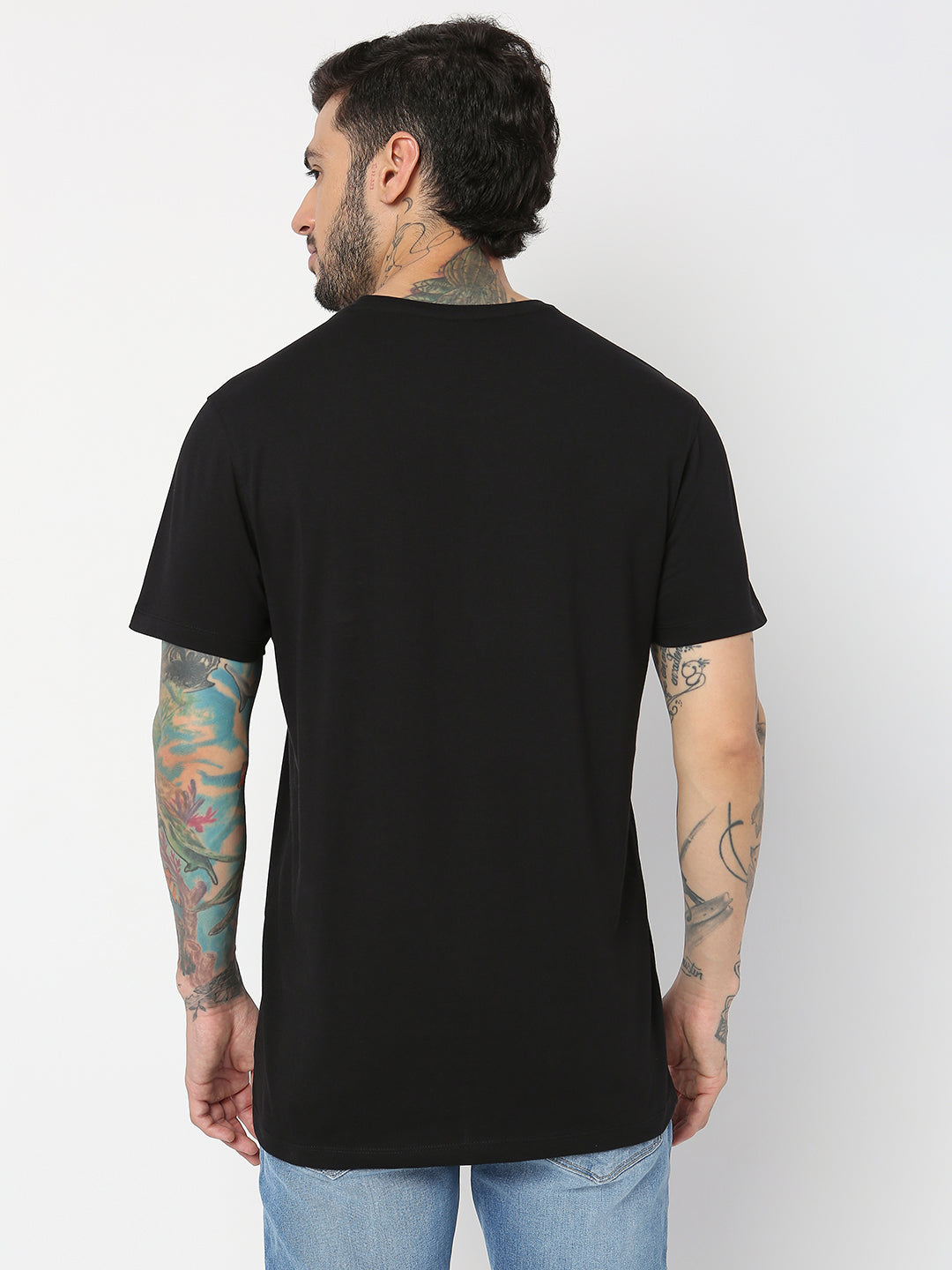 Spykar Men Black Cotton Slim Fit Round Neck Plain T-Shirt