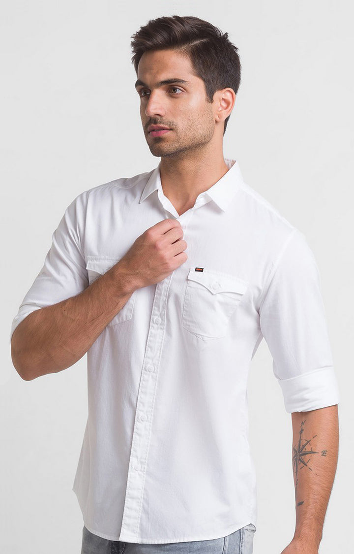 Spykar White Cotton Full Sleeve Plain Shirt For Men