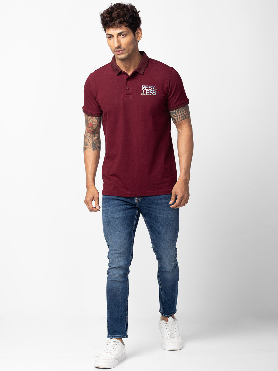 Spykar Men Wine Cotton Regular Fit Half Sleeve Plain Polo T-Shirt