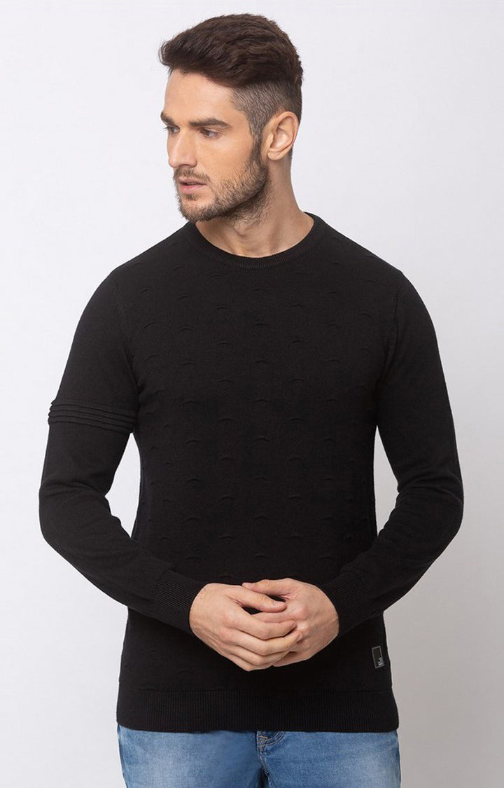 Spykar Black Cotton Regular Fit Sweater For Men