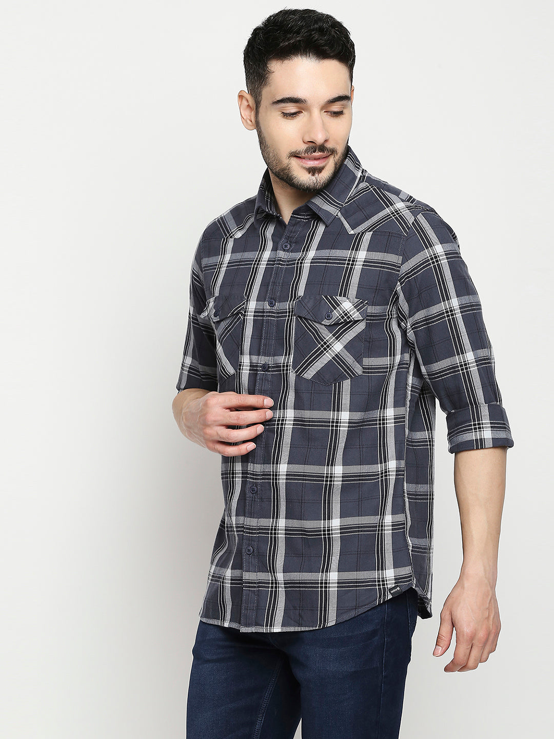 Spykar Men Grey Cotton Slim Fit Full Sleeve Checkered Shirt