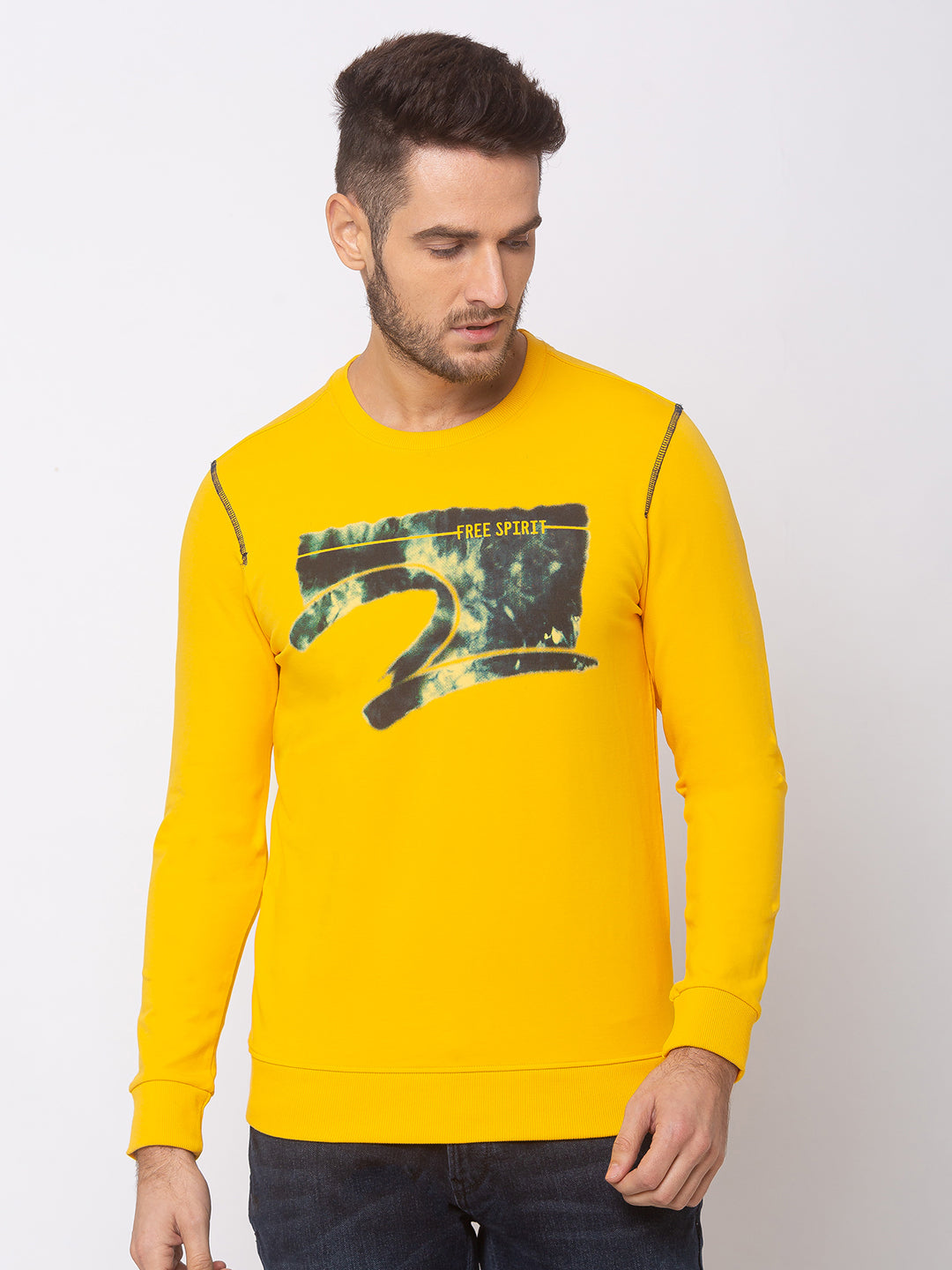 Spykar Chrome Yellow Cotton Slim Fit Sweatshirt For Men