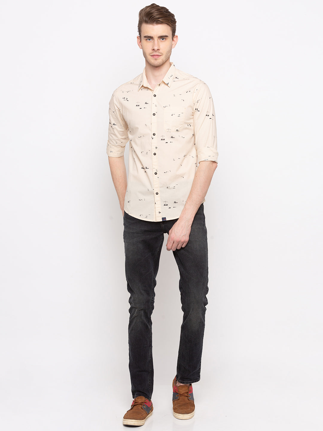 Spykar Men Beige Printed Slim Fit Casual Shirt