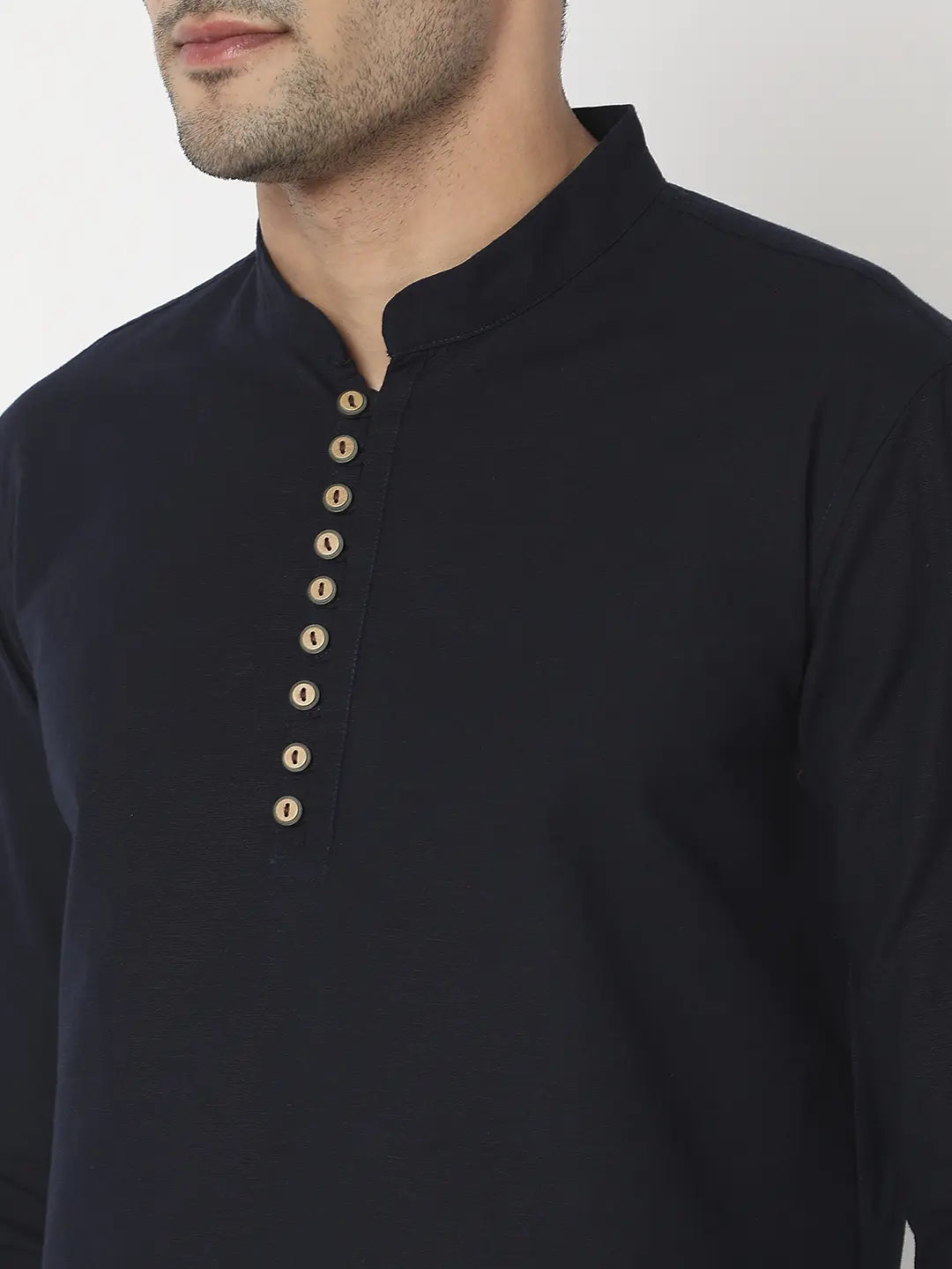 Spykar Men Ink Blue Cotton Linen Slim Fit M and arin Collar Plain Kurta