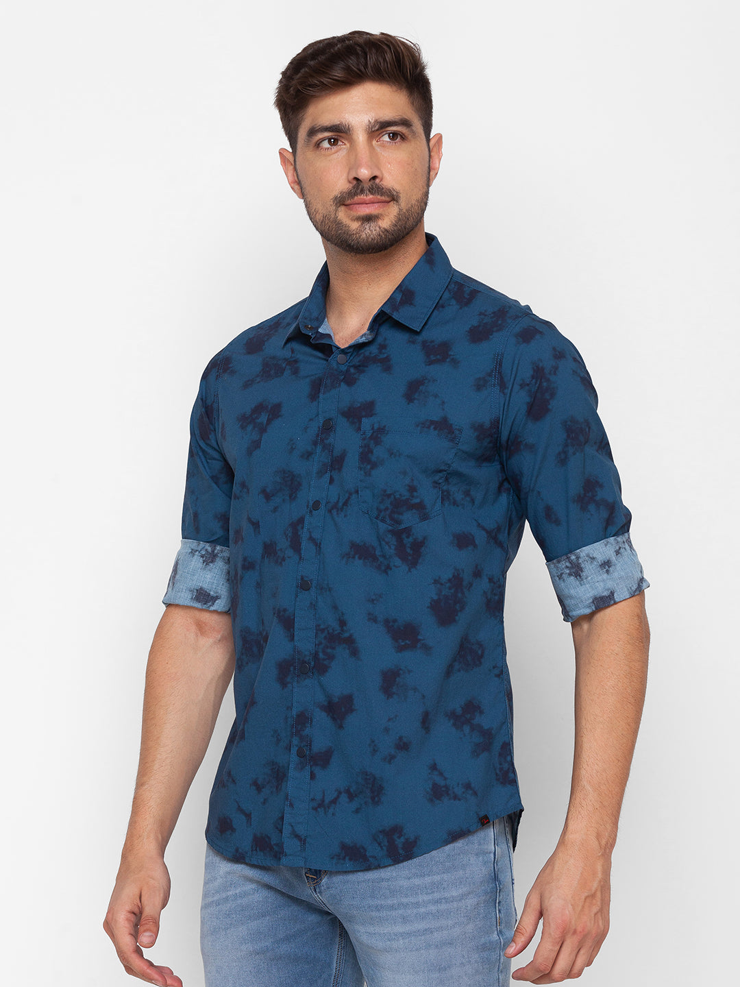 Spykar Indigo Blue Cotton Full Sleeve Printed Shirt For Men