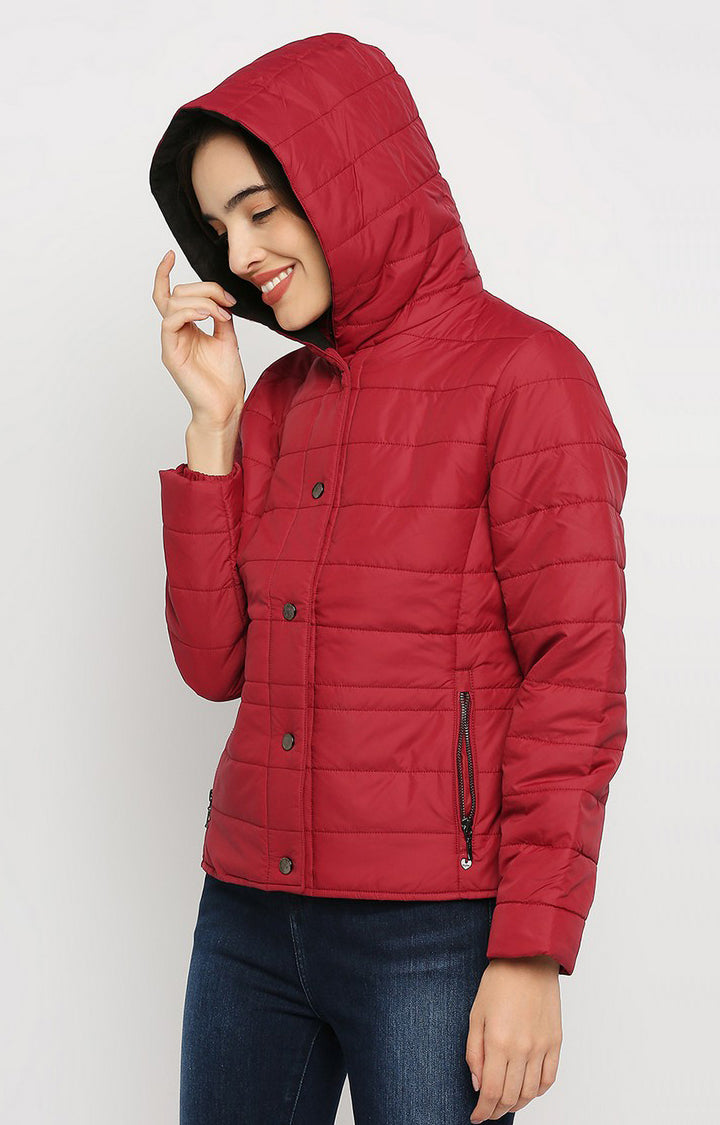 Spykar Women Red Cotton Regular Fit Hoodie Jacket