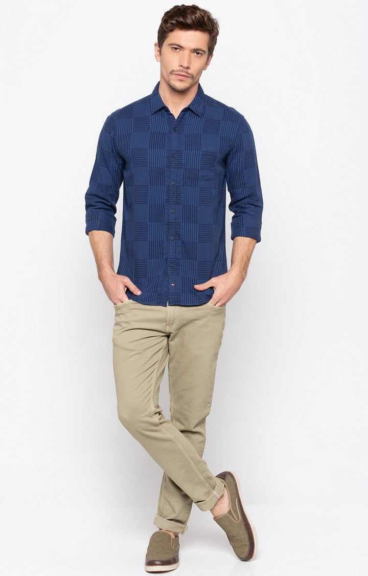 Spykar Men'S Blue Cotton Checked Casual Shirts