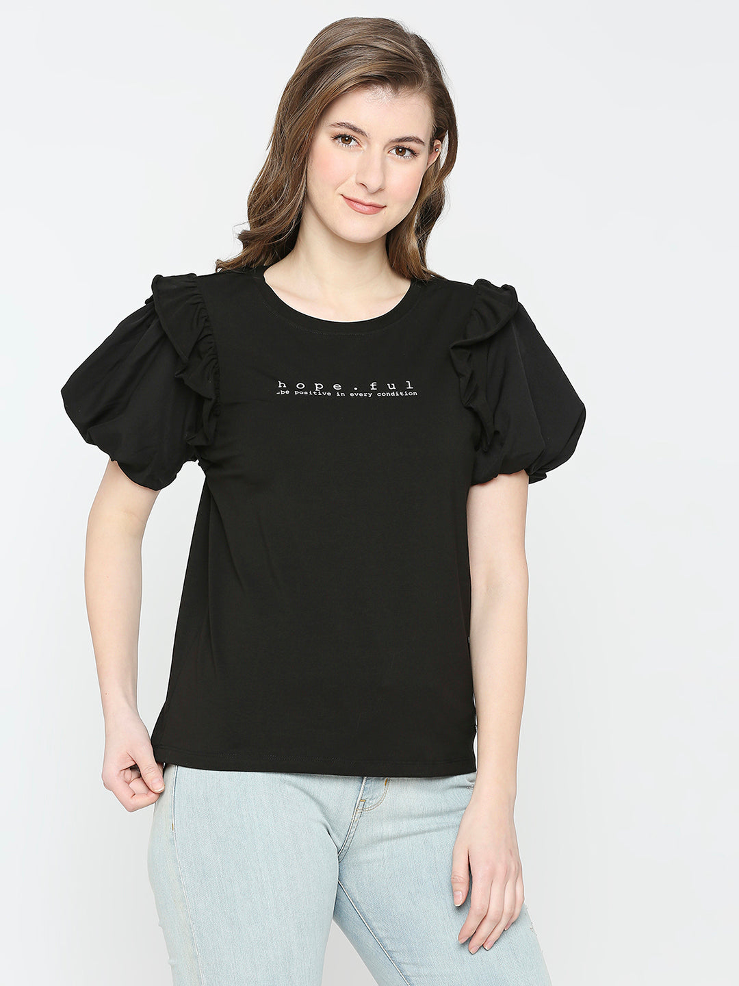 Spykar Women Black Blended Comfort Fit Solid T-Shirts