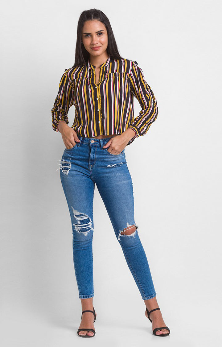 Spykar Mustard Multi Stripe Cotton Full Sleeve Striped Shirts For Women