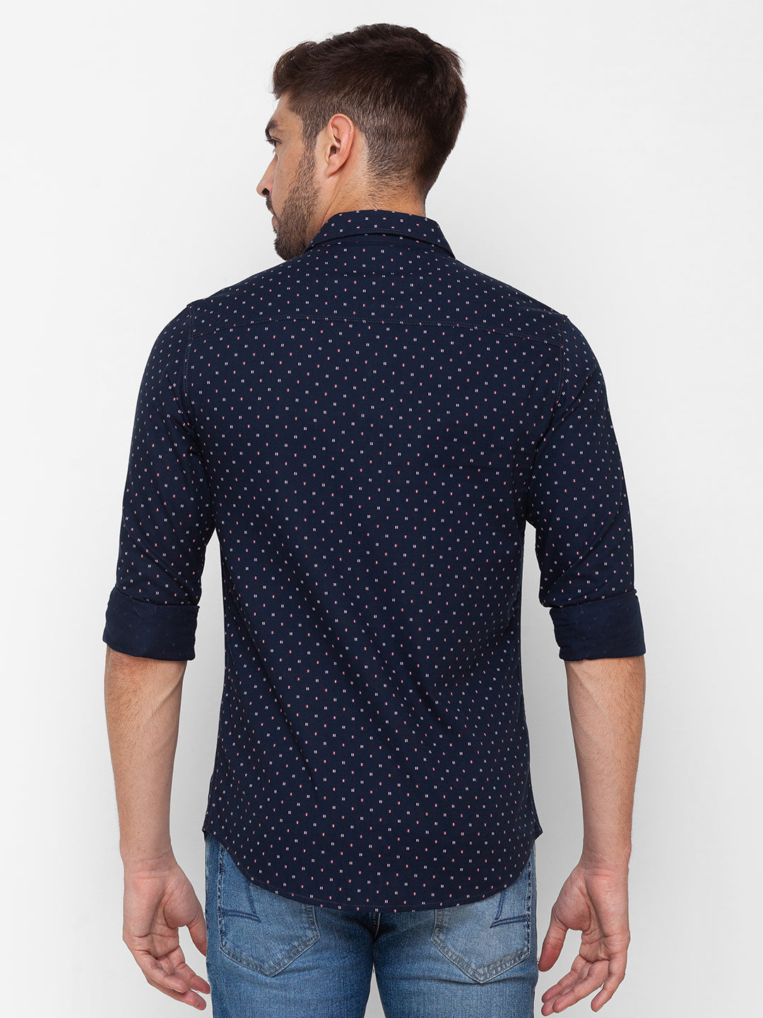 Spykar Navy Blue Cotton Full Sleeve Printed Shirt For Men