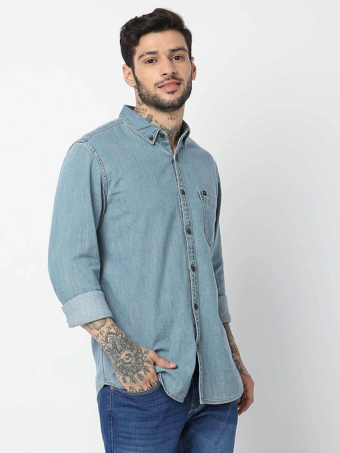 Spykar Men Light Blue Cotton Slim Fit Denim Shirts