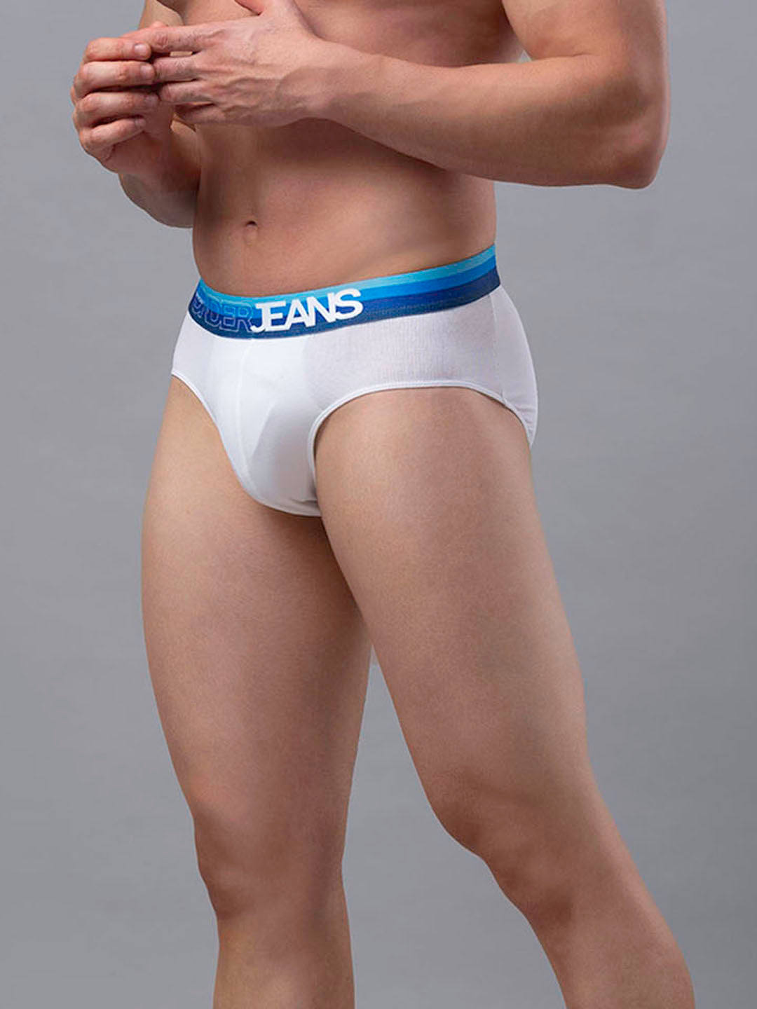 Men Premium Cotton Blend White-Blue Brief- Underjeans By Spykar