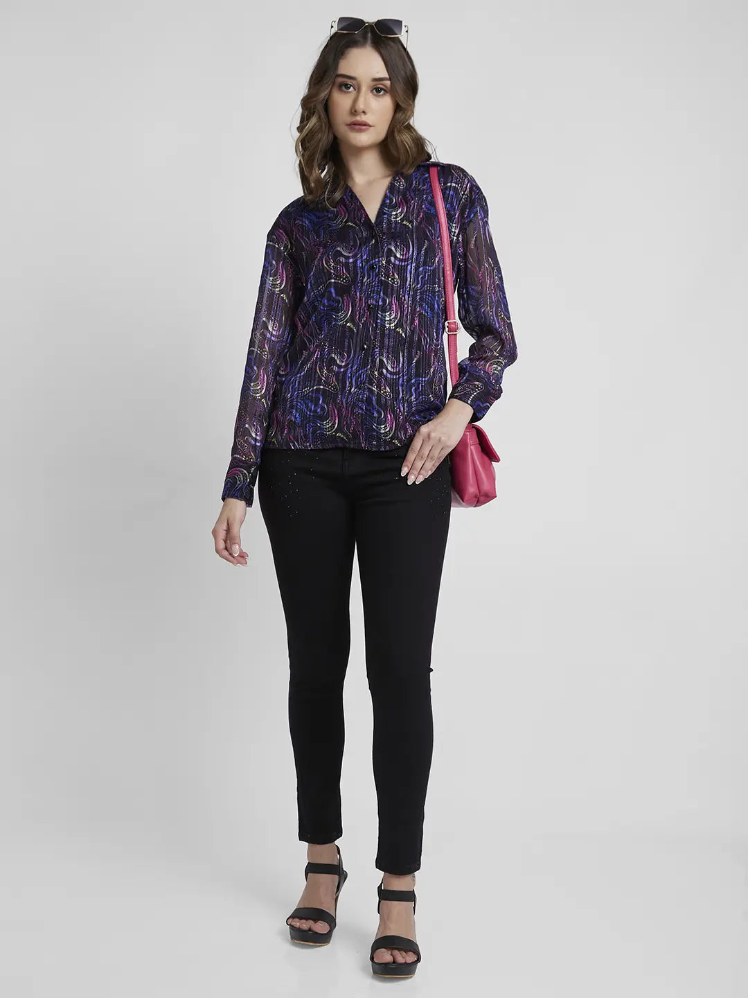Spykar Women Purple Jaquard Slim Fit Full Sleeve Floral Print Shirt