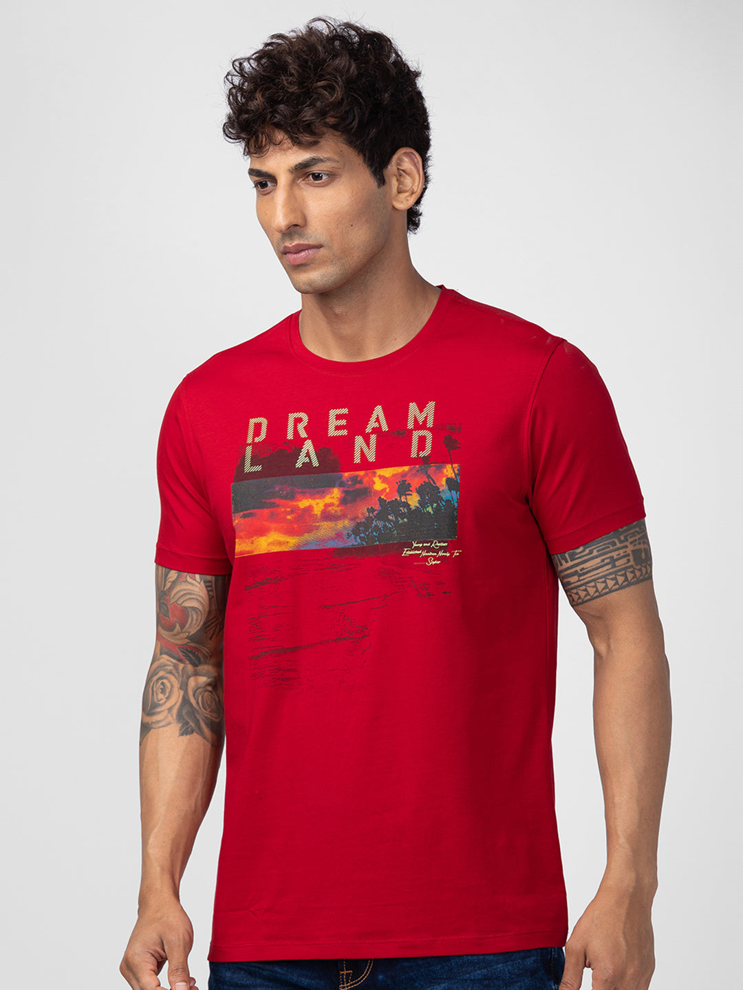 Spykar Men Deep Red Cotton Regular Fit Half Sleeve Printed T-Shirt