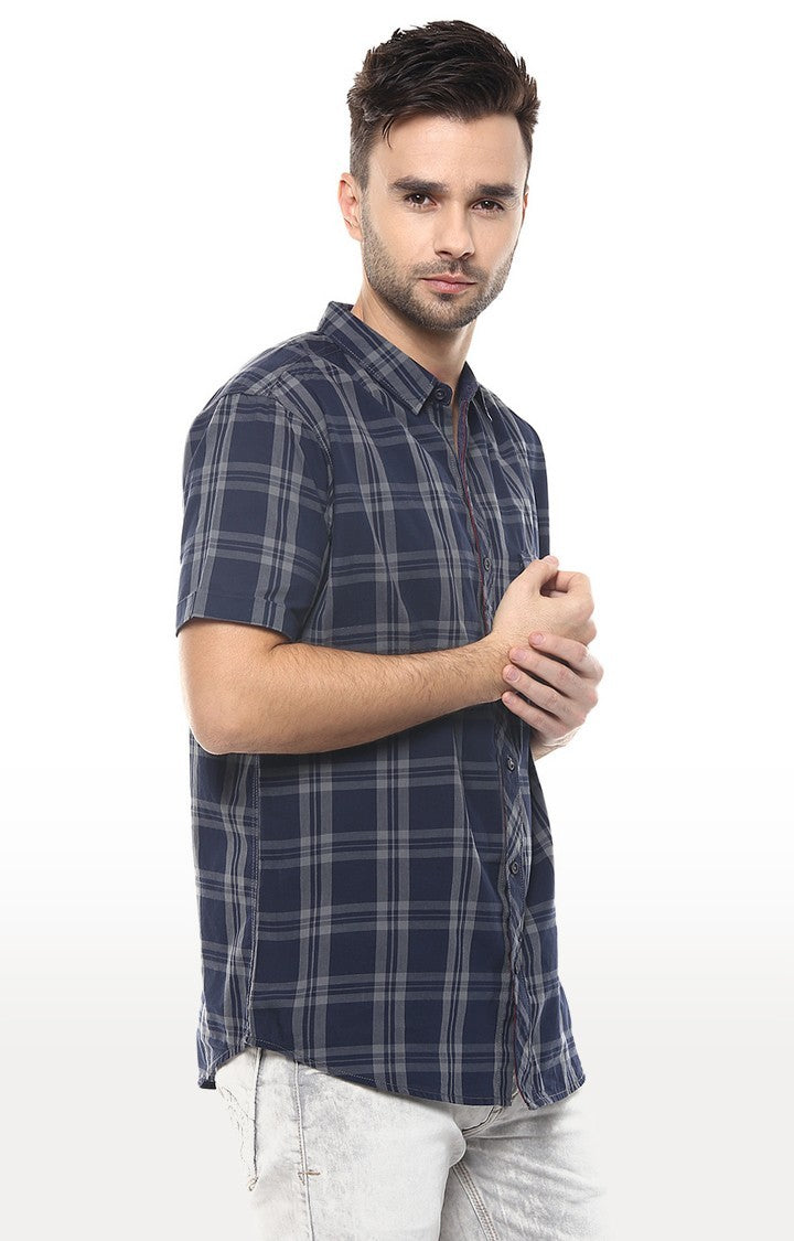 Spykar Men Navy Blue Cotton Slim Fit Half Sleeve Checkered Shirts