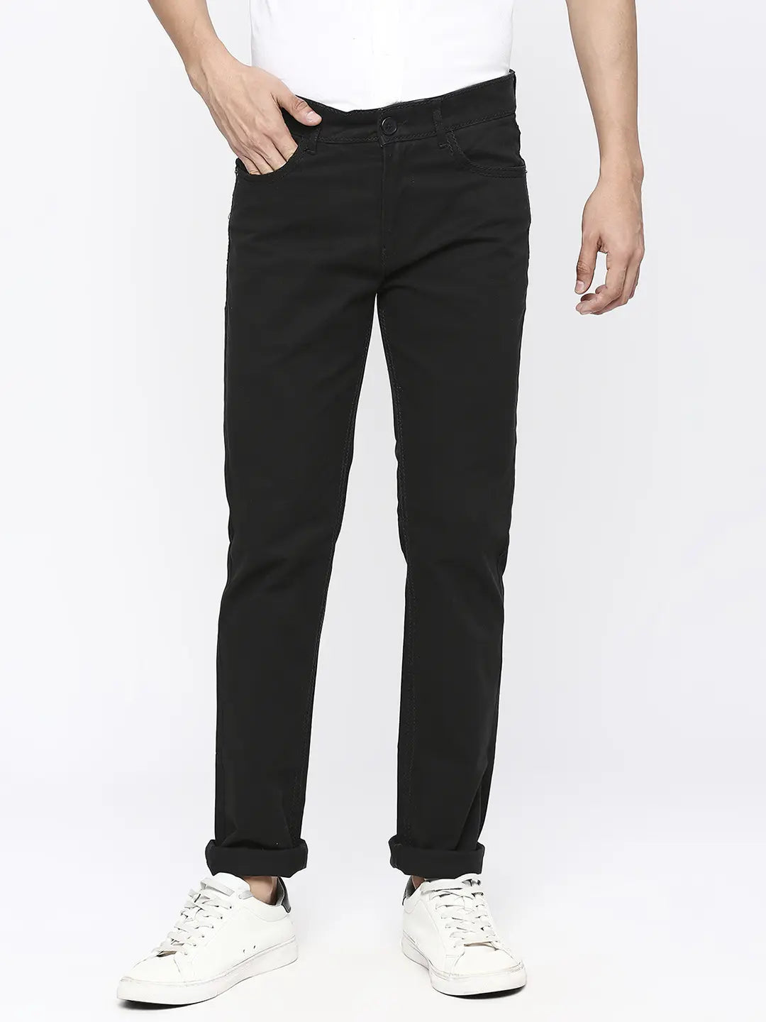 Spykar Men Black Cotton Slim Fit Casual Trousers