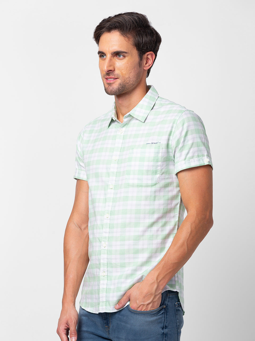 Spykar Men Mint Green Cotton Slim Fit Checkered Shirt