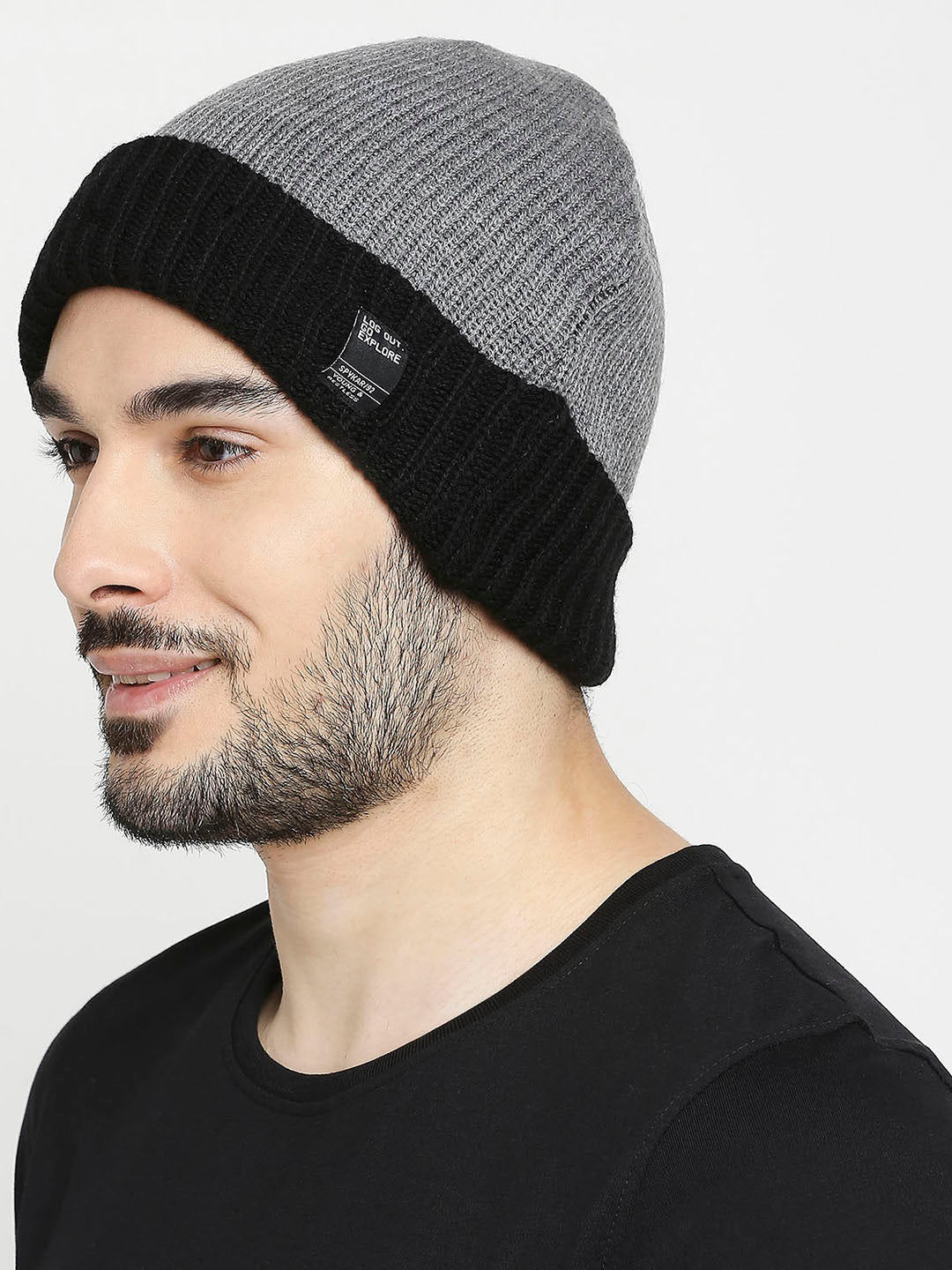 Spykar Grey & Black Cotton Beanie Cap