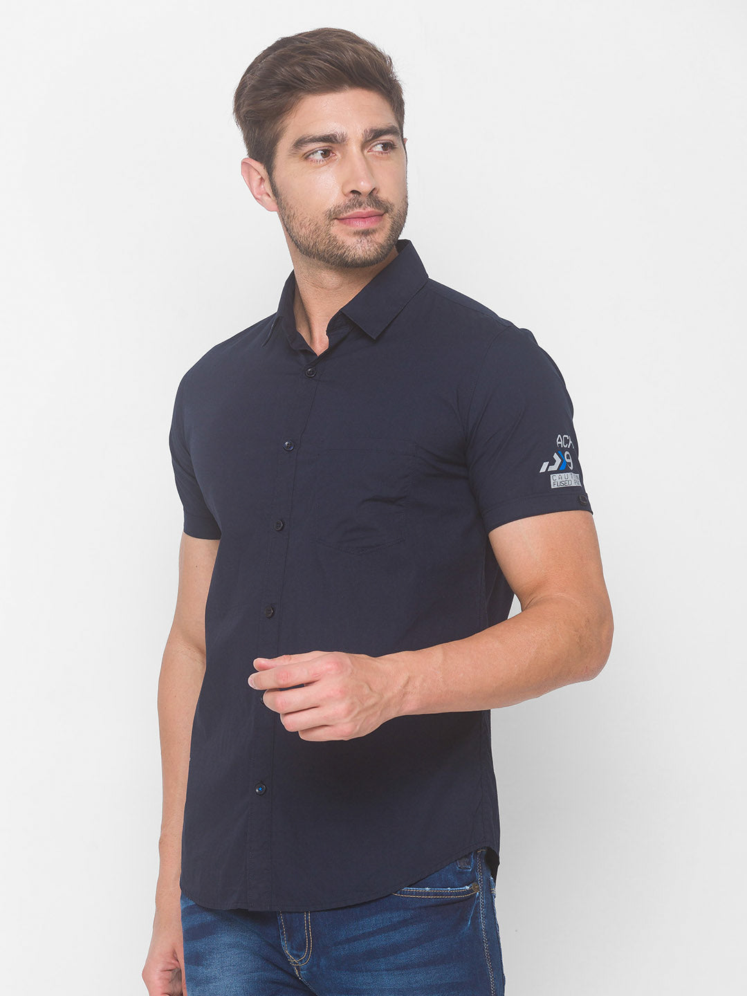 Spykar Men Navy Blue Cotton Casual Slim Fit Shirt