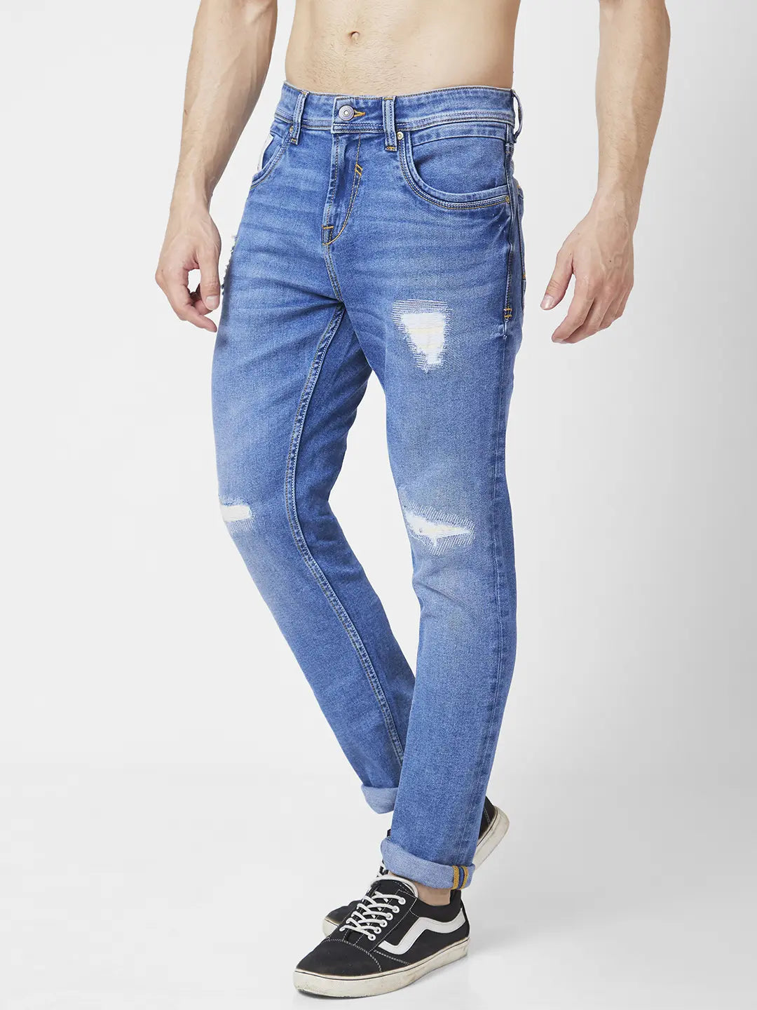 Spykar Men Mid Blue Cotton Slim Fit Narrow Length Mild Distressed Low Rise Jeans (Skinny)