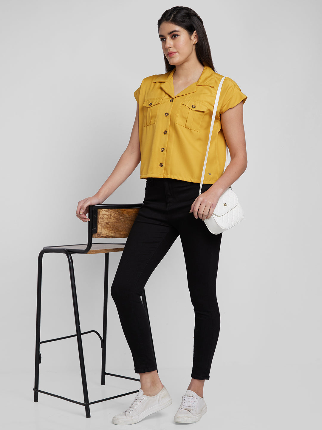 Spykar Women Ochre Yellow Cotton Slim Fit Cap Sleeve Denim Shirts