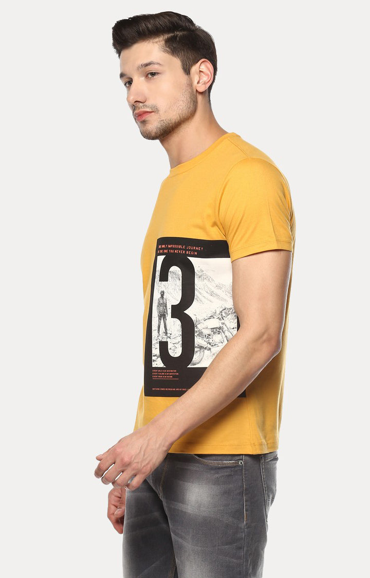 Spykar Yellow Printed Slim Fit Men T-Shirts