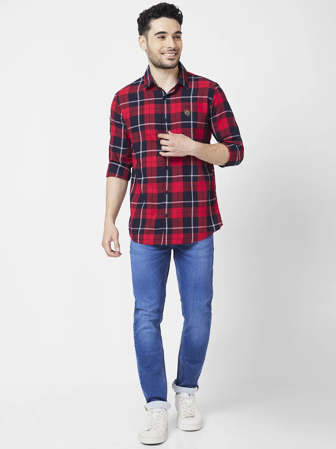 Spykar Men Red Cotton Regular Slim Fit Full Sleeve Checkered Shirt