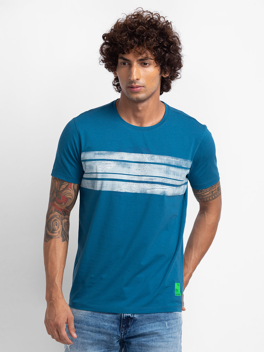 Spykar Men Light Teal Half Sleeve Printed Casual T-Shirt