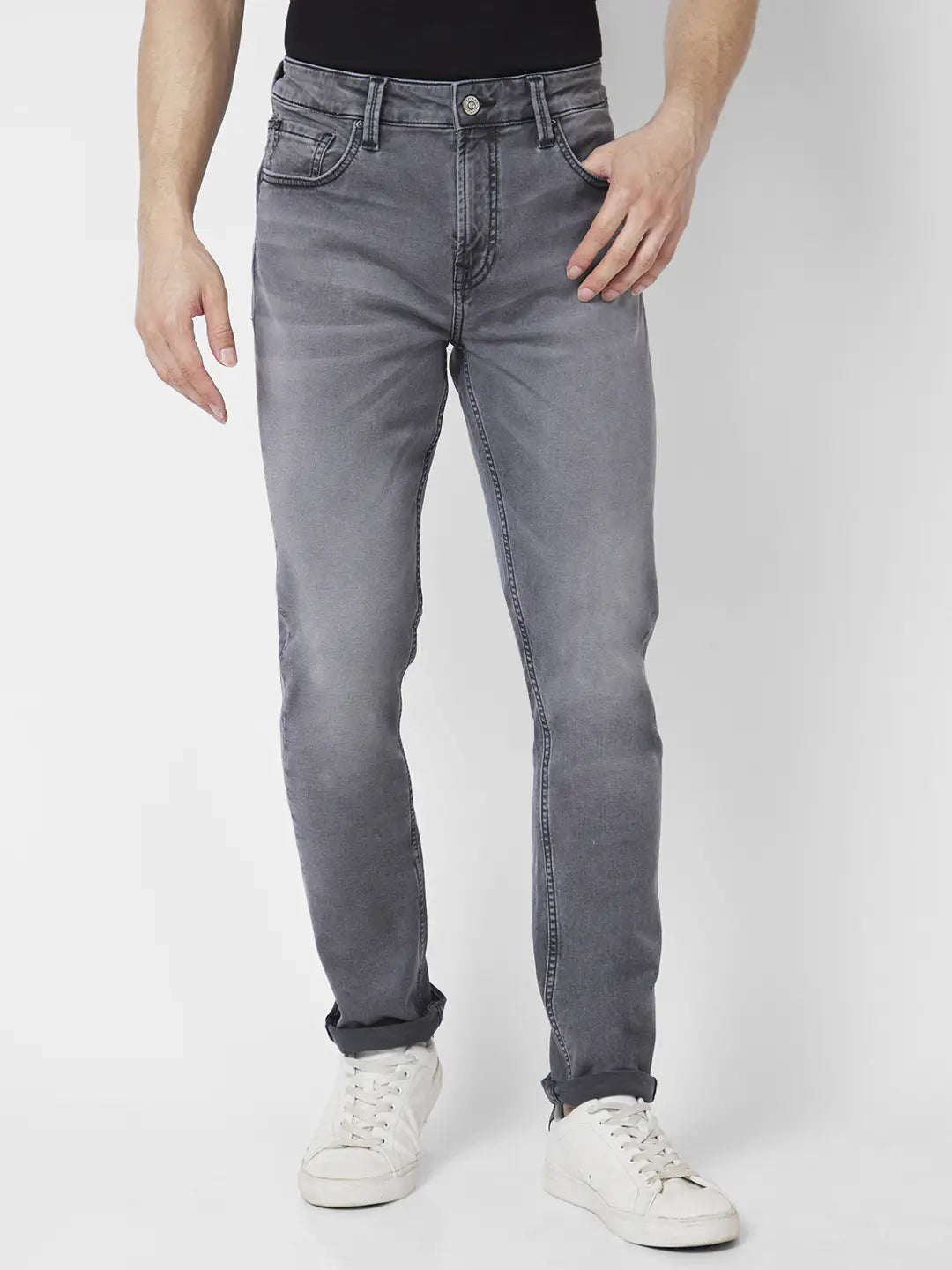 Spykar Men Light Grey Cotton Stretch Regular Fit Narrow Length Clean Look Mid Rise Jeans (Rover)