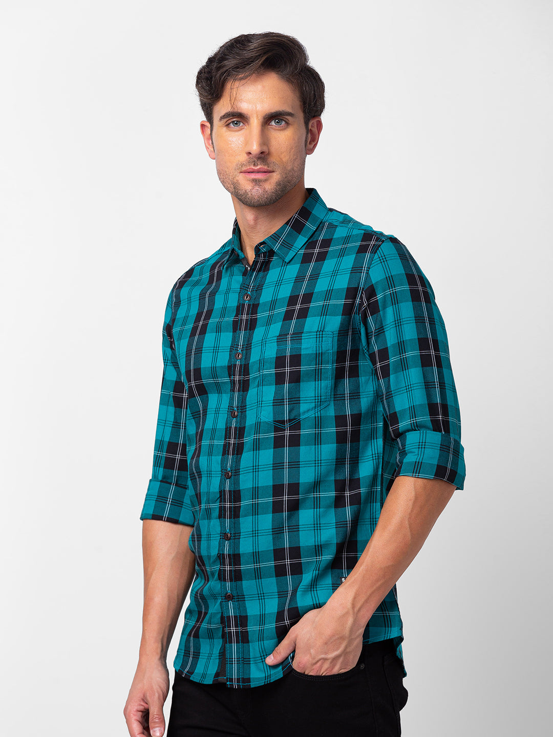 Spykar Men Sporty Green Cotton Slim Fit Checkered Shirt