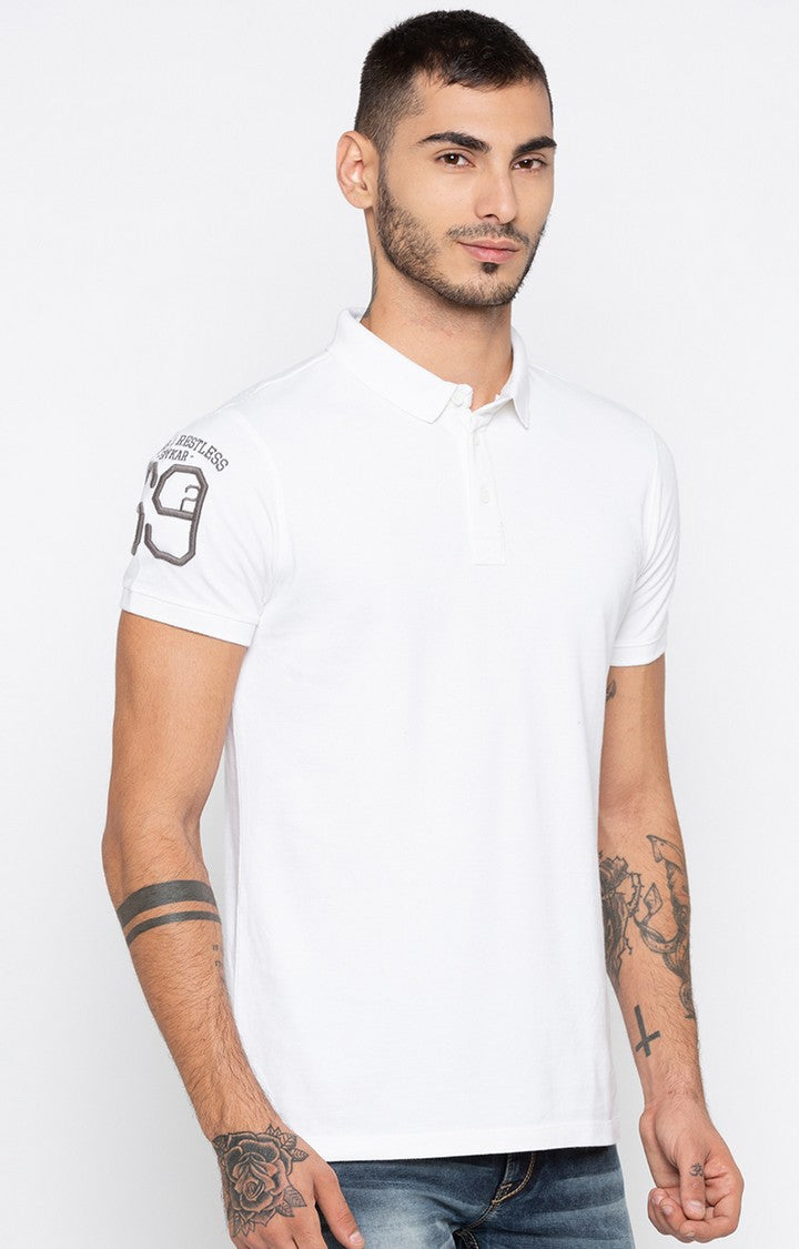 Spykar White Solid Slim Fit Polo T-Shirt