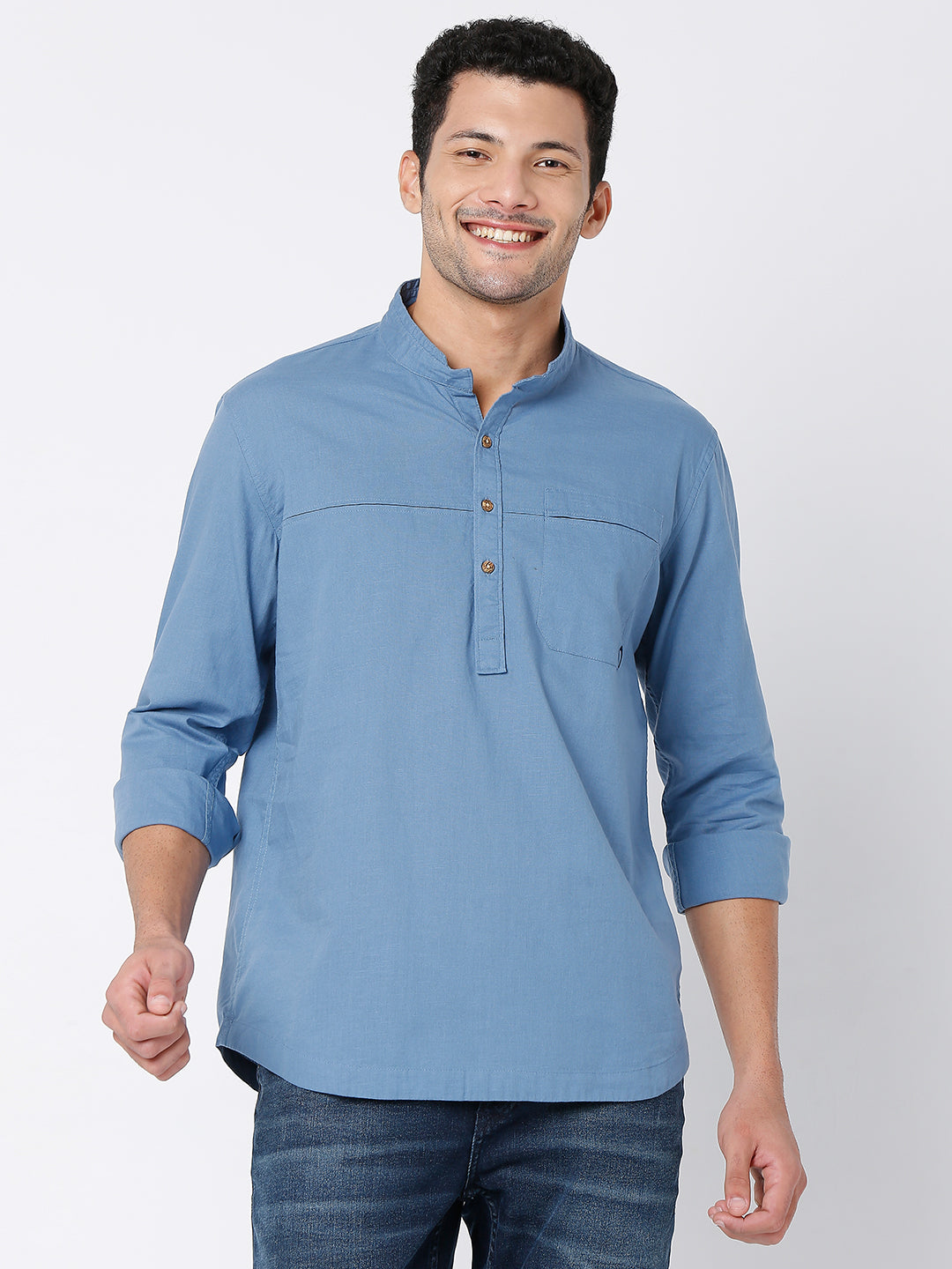 Spykar Men Air Blue Cotton Linen Full Sleeve Plain Kurta