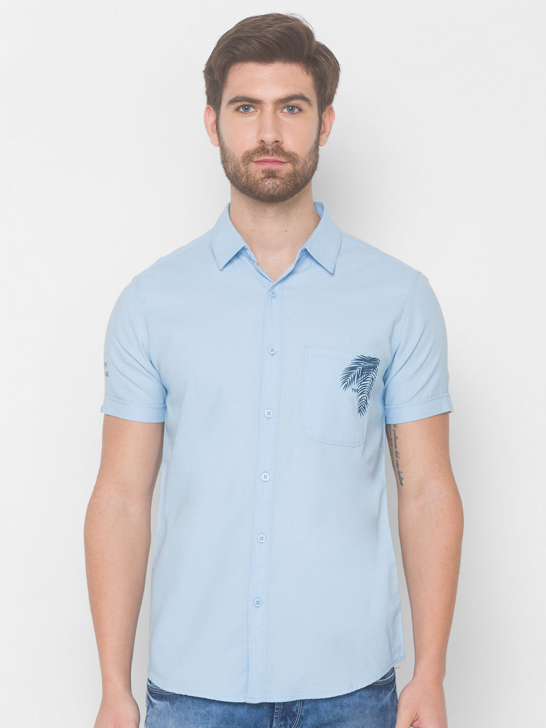 Spykar Men Sky Blue Cotton Slim Fit Shirt